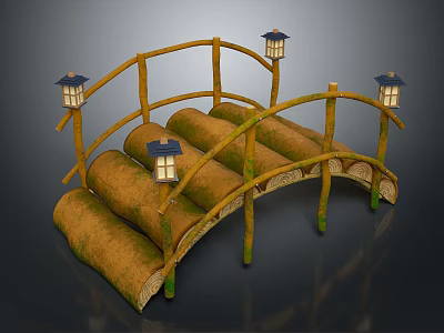 Traditional Bamboo Bridge With Curved Railings And Hanging Lanterns 3d model