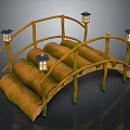 Traditional Bamboo Bridge With Curved Railings And Hanging Lanterns