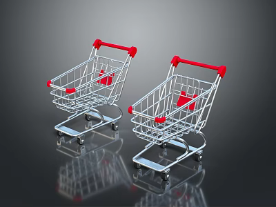 Two Shopping Carts With Red Handles On Dark Background With Reflections 3d model