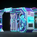 Future Technology Exhibition Booth with Neon Lights Transparent Displays and Robot 3d model