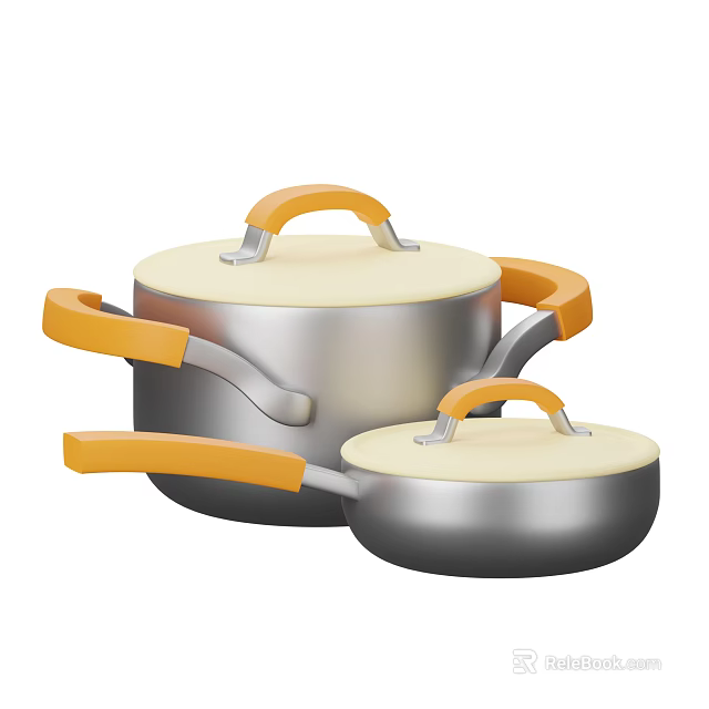 Stainless Steel Cookware Set With Silver Body Cream Lids And Orange Handles 3d model 