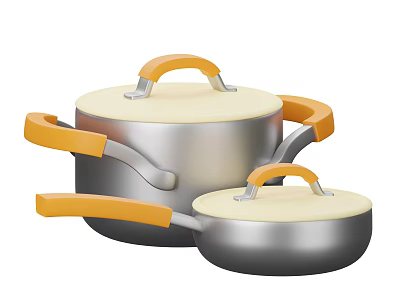 Stainless Steel Cookware Set With Silver Body Cream Lids And Orange Handles 3d model