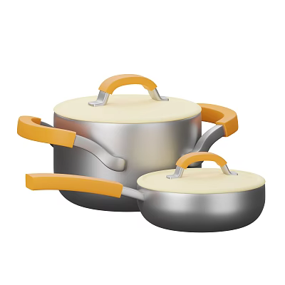 Stainless Steel Cookware Set With Silver Body Cream Lids And Orange Handles 3d model
