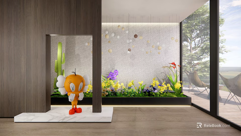 Modern Indoor Interior Landscape With Green Plants Colorful Flowers Circular Wall Decor And Glass Windows 3d model 