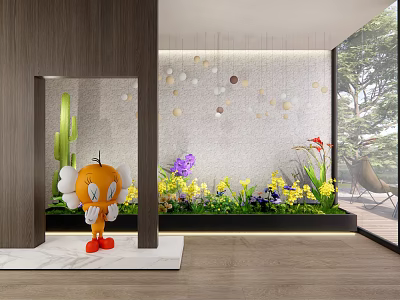 Modern Indoor Interior Landscape With Green Plants Colorful Flowers Circular Wall Decor And Glass Windows 3d model