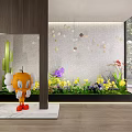Modern Indoor Interior Landscape With Green Plants Colorful Flowers Circular Wall Decor And Glass Windows