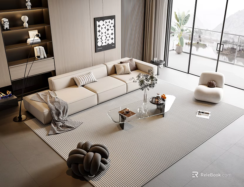 Modern Beige Sofa And Coffee Table Set With Striped Rug Green Plant And Large Windows 3d model 