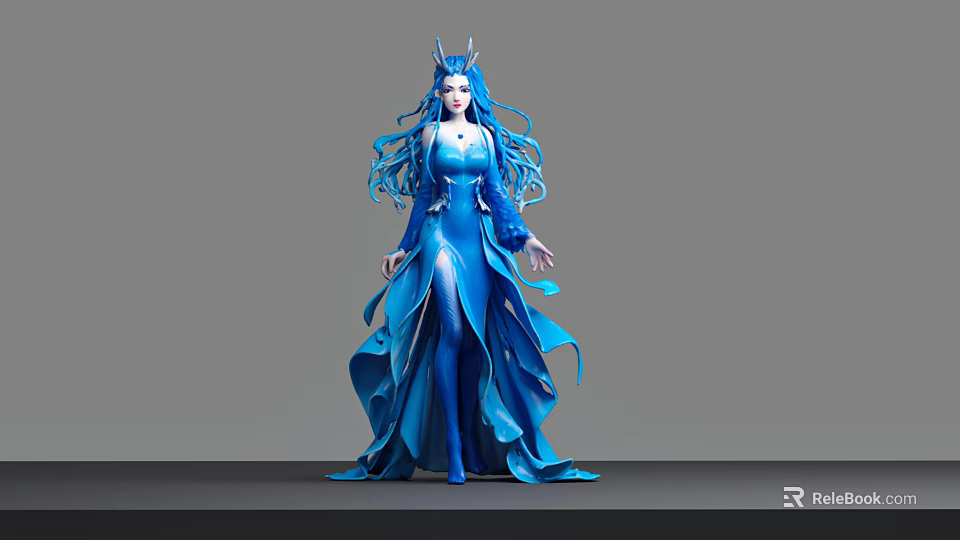 Game Movie Female Character With Blue Long Hair And Horns In Flowing Dress 3d model 