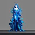 Game Movie Female Character With Blue Long Hair And Horns In Flowing Dress