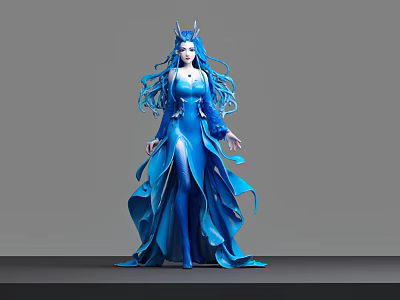 Game Movie Female Character With Blue Long Hair And Horns In Flowing Dress 3d model