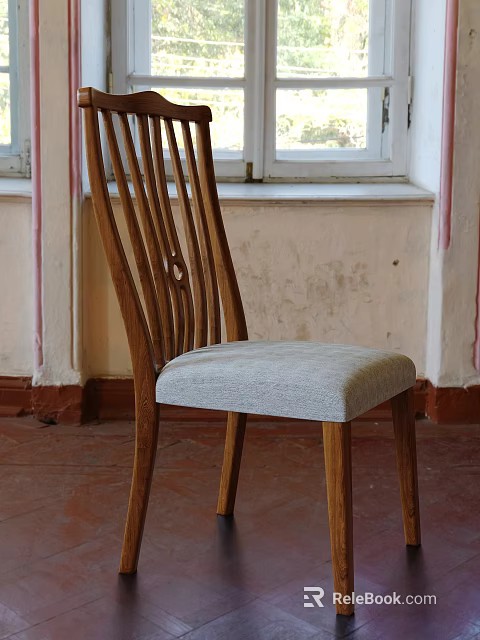 Vintage Style Single Chair With Wooden Slatted Backrest And Light Gray Fabric Seat 3d model 