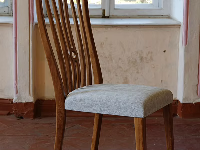 Vintage Style Single Chair With Wooden Slatted Backrest And Light Gray Fabric Seat 3d model