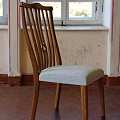 Vintage Style Single Chair With Wooden Slatted Backrest And Light Gray Fabric Seat