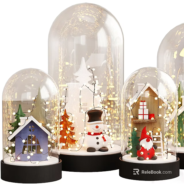Decorative Glass Bell Jars With Snowman Small Houses Christmas Trees Gnome And Lights 3d model 