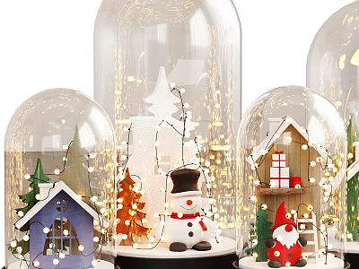 Decorative Glass Bell Jars With Snowman Small Houses Christmas Trees Gnome And Lights 3d model