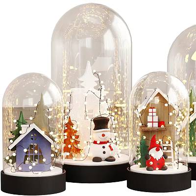 Decorative Glass Bell Jars With Snowman Small Houses Christmas Trees Gnome And Lights 3d model