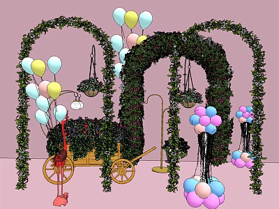 Decorative Event Entrance Archway With Green Vines Colorful Balloons And Flower Cart 3d model