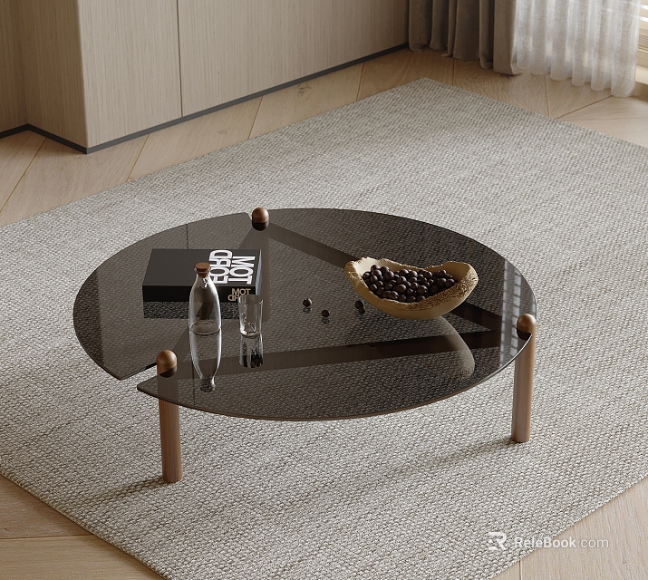 Modern Circular Coffee Table With Glass Top Wooden Legs And Decorative Items 3d model 