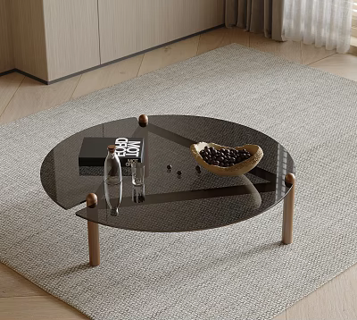 Modern Circular Coffee Table With Glass Top Wooden Legs And Decorative Items 3d model