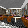 Vintage KTV Lounge Interior With Brown Sofa Tables Wall Art And Geometric Flooring
