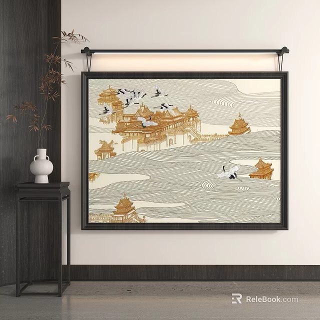 Chinese Style Abstract Painting With Ancient Architecture Cranes And Waves 3d model