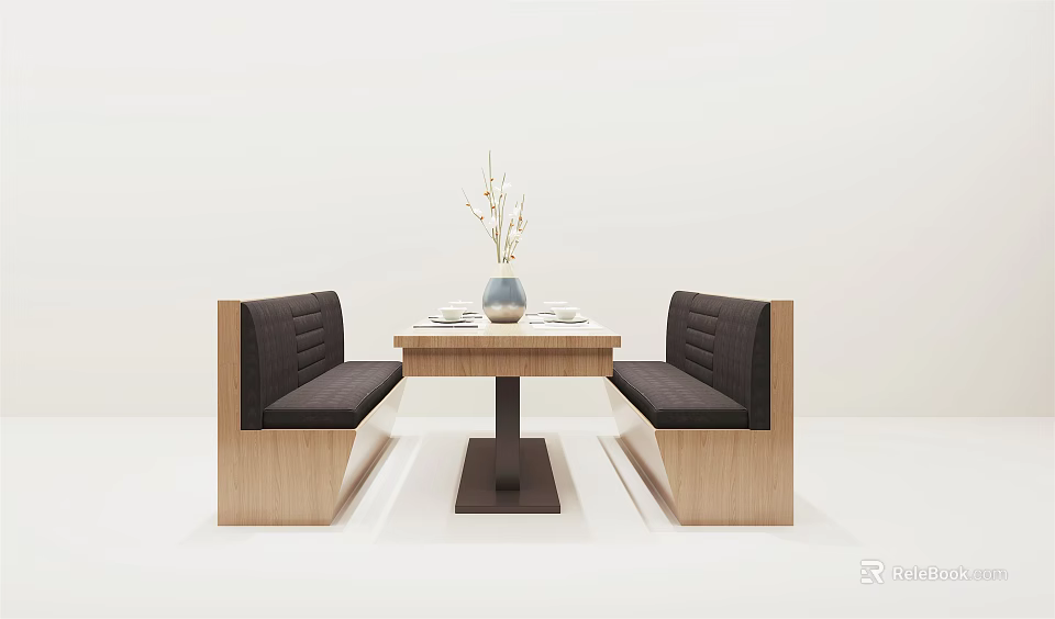Modern Public Seating With Wooden Frame Black Padded Seats And Table With Vase Tableware 3d model 