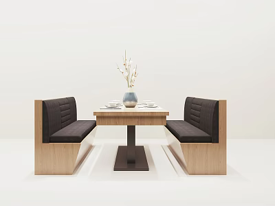 Modern Public Seating With Wooden Frame Black Padded Seats And Table With Vase Tableware 3d model