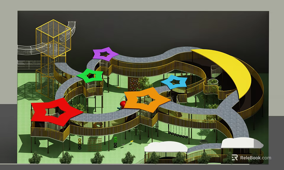 Kindergarten Outdoor Playground With Colorful Geometric Shapes And Children Playing On Multi Level Wooden Slide 3d model 