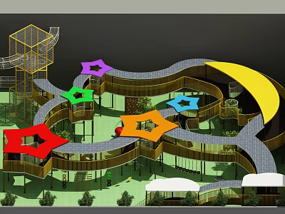 Kindergarten Outdoor Playground With Colorful Geometric Shapes And Children Playing On Multi Level Wooden Slide 3d model