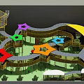 Kindergarten Outdoor Playground With Colorful Geometric Shapes And Children Playing On Multi Level Wooden Slide