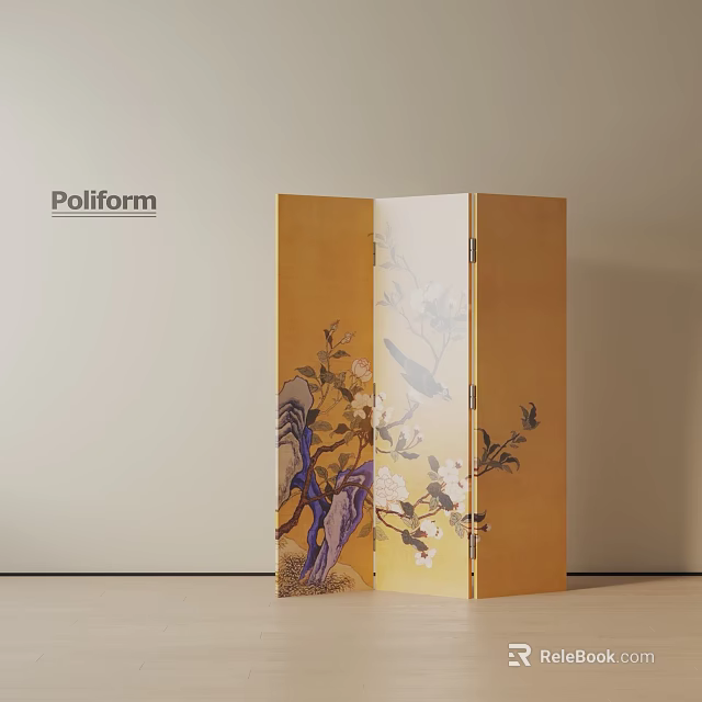 Elegant Decorative Screen With Floral Bird Patterns And Gold Frame For Home Decor 3d model