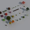 Various Plants with Different Types Colors Trees Shrubs and Small Greenery on Gray Background