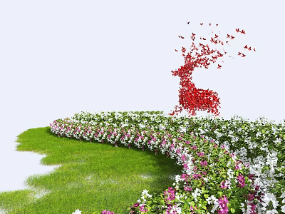 Bushes On Green Grass With Pink And White Flowers Near Red Birds Forming Deer Shape 3d model