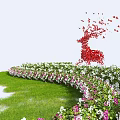 Bushes On Green Grass With Pink And White Flowers Near Red Birds Forming Deer Shape