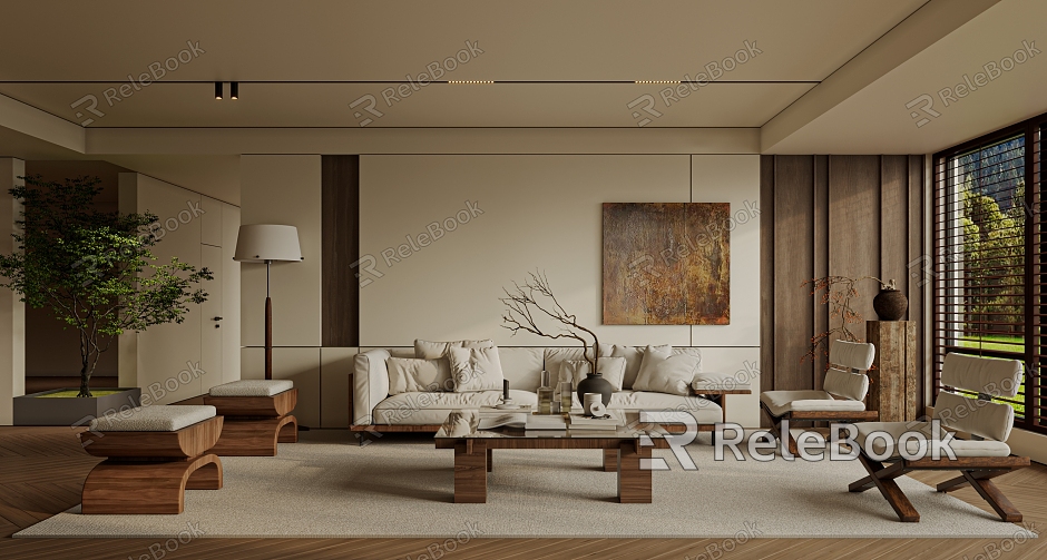 Living Room Sofa Single Chair Coffee Table Curtain Carpet Bookshelf Jewelry Chandelier Hanging Picture 3d model 