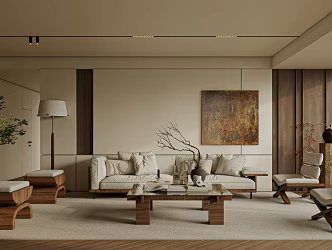 Living Room Sofa Single Chair Coffee Table Curtain Carpet Bookshelf Jewelry Chandelier Hanging Picture 3d model