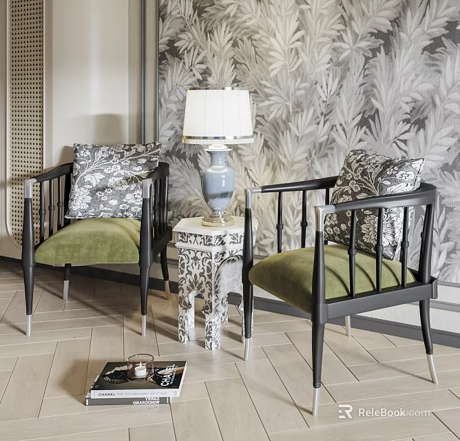 Elegant Black Frame Armchair With Green Cushion Patterned Pillows And Leaf Wallpaper 3d model 