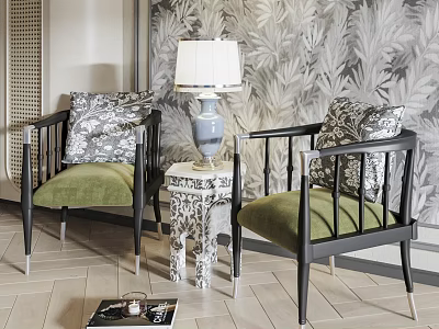 Elegant Black Frame Armchair With Green Cushion Patterned Pillows And Leaf Wallpaper 3d model