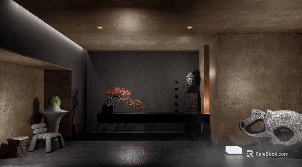 Modern Hotel Lobby Interior Design with Dark Walls Red Floral Decor Buddha Statue and Lighting 3d model 