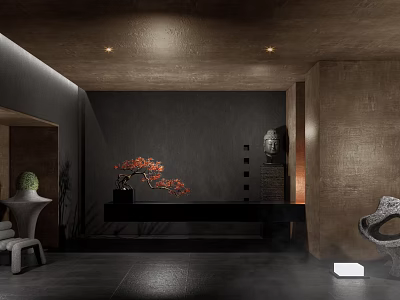 Modern Hotel Lobby Interior Design with Dark Walls Red Floral Decor Buddha Statue and Lighting 3d model