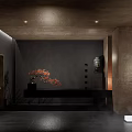 Modern Hotel Lobby Interior Design with Dark Walls Red Floral Decor Buddha Statue and Lighting