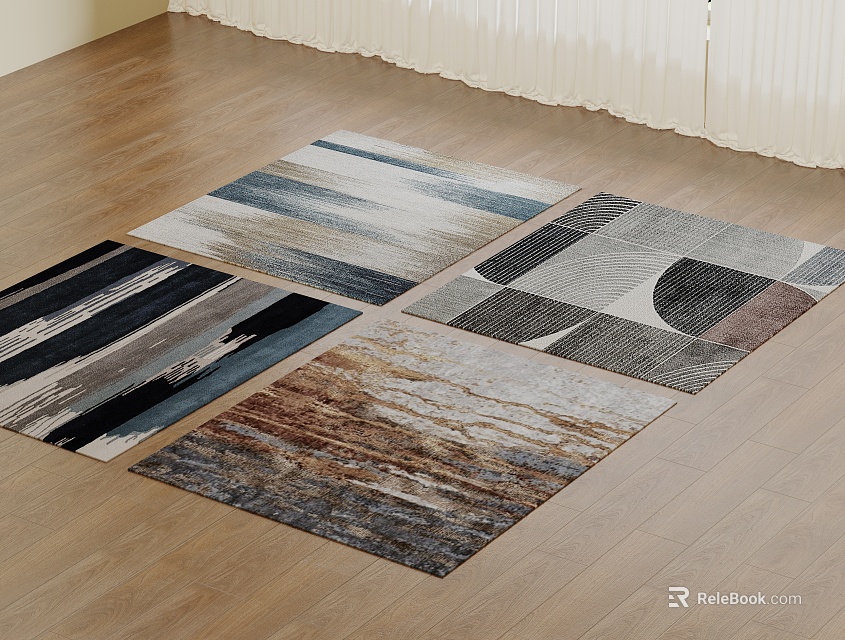 Square Rugs With Geometric Patterns On Wooden Floor 3d model 