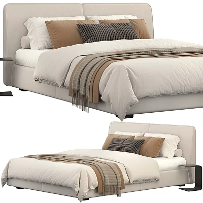Modern Double Bed With Beige Brown Pillows And Striped Blanket In Bedroom 3d model