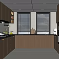 Modern Kitchen Interior With Dark Wood Cabinets Window Blinds Countertop Utensils Oven And Refrigerator