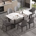 Modern Dining Table Set With Marble Top And Six Gray Chairs On Rug 3d model