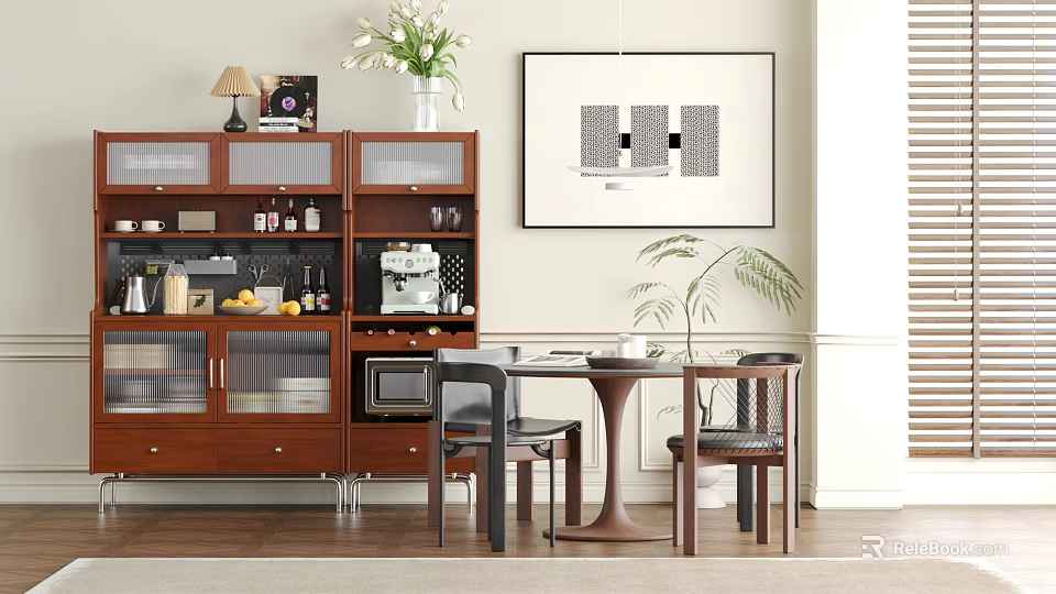 Modern Dining Chairs in Stylish Dining Area with Round Table Wooden Cabinet Wall Art and Green Plant 3d model 