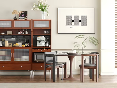 Modern Dining Chairs in Stylish Dining Area with Round Table Wooden Cabinet Wall Art and Green Plant 3d model