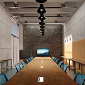 Modern Meeting Room Interior With Long Wooden Table Blue Chairs And Black Pendant Lights