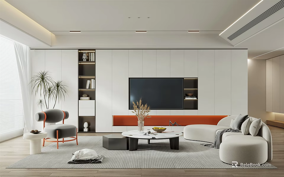 Modern Living Room Interior With TV Wall Sofa Coffee Table Bookshelf And Plants 3d model 