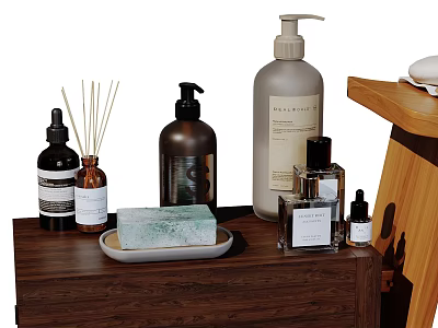 Bathroom Set With Wooden Countertop Green Soap Bar On Tray Reed Diffuser And Bottles 3d model